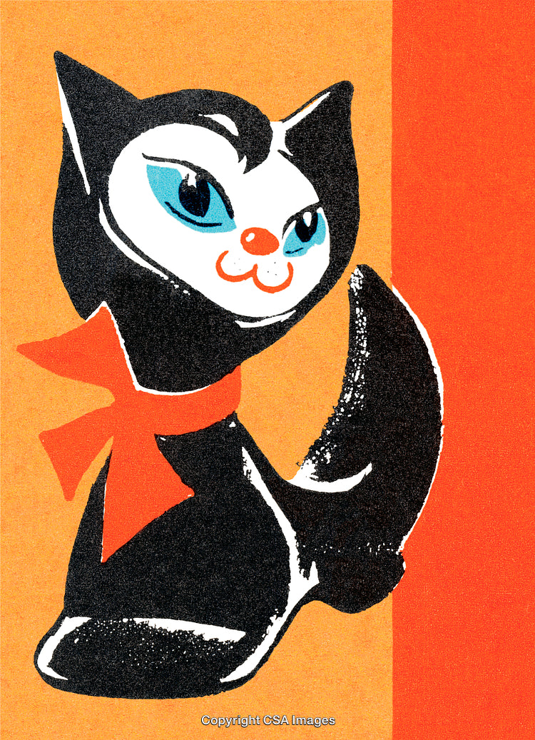 Illustrated Black Cat with Red Scarf on Bold Orange Background
