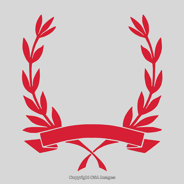 Minimalist Red Laurel Wreath With Ribbon on Gray Background