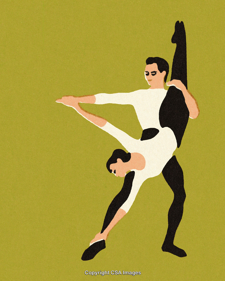 Dynamic Duo Performing Graceful Ballet Pose on Yellow Background