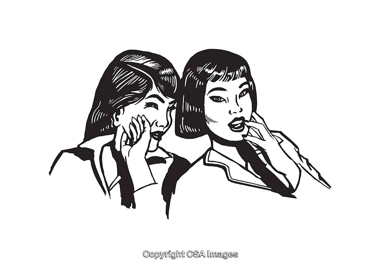 Black and White Line Art Shows Two Women Sharing a Secret
