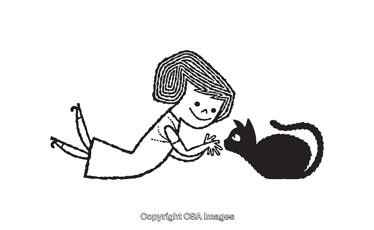 Black and White Line Art Illustration of a Girl Interacting With a Cat
