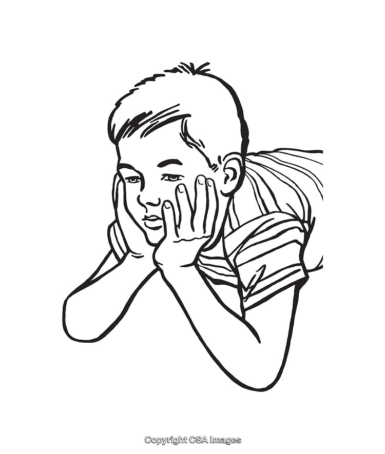 Black and White Line Art of a Thoughtful Young Boy Resting