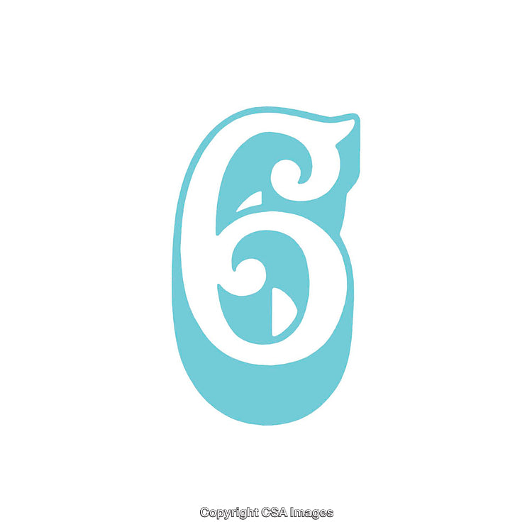 Elegant Blue Number Six with Decorative Swirls on White Background