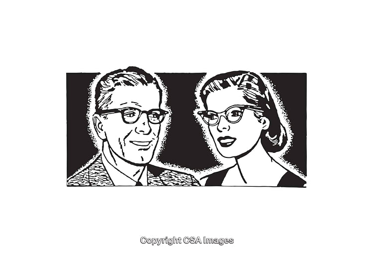 Vintage Black and White Illustration of a Man and Woman with Glasses