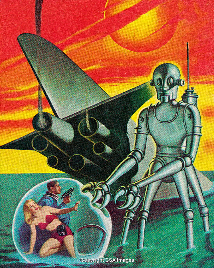 Retro Futuristic Scene Featuring Giant Robot and Captive in Glass Sphere