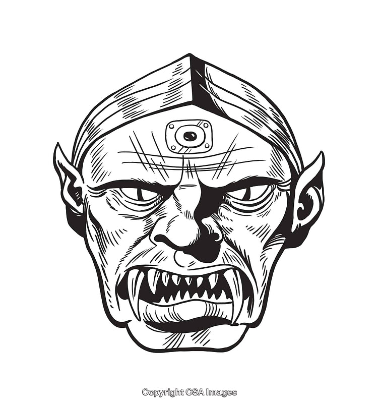 Black and White Line Art Illustration of a Monstrous Creature With Sharp Teeth