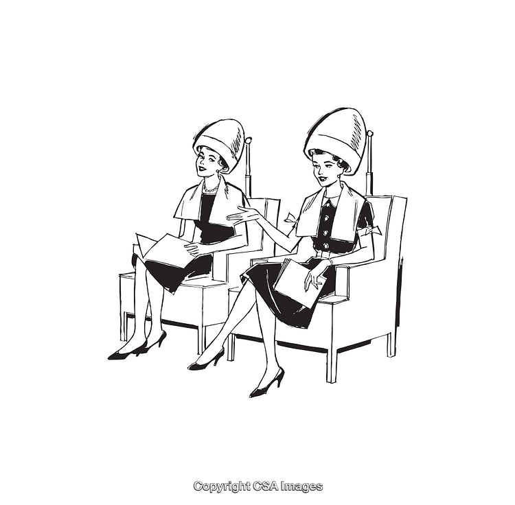 Vintage Line Art of Two Women Conversing in a Salon Setting