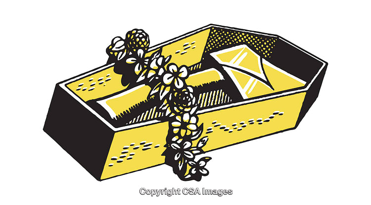 Colorful Illustration of a Coffin Decorated with Flowers and Letter