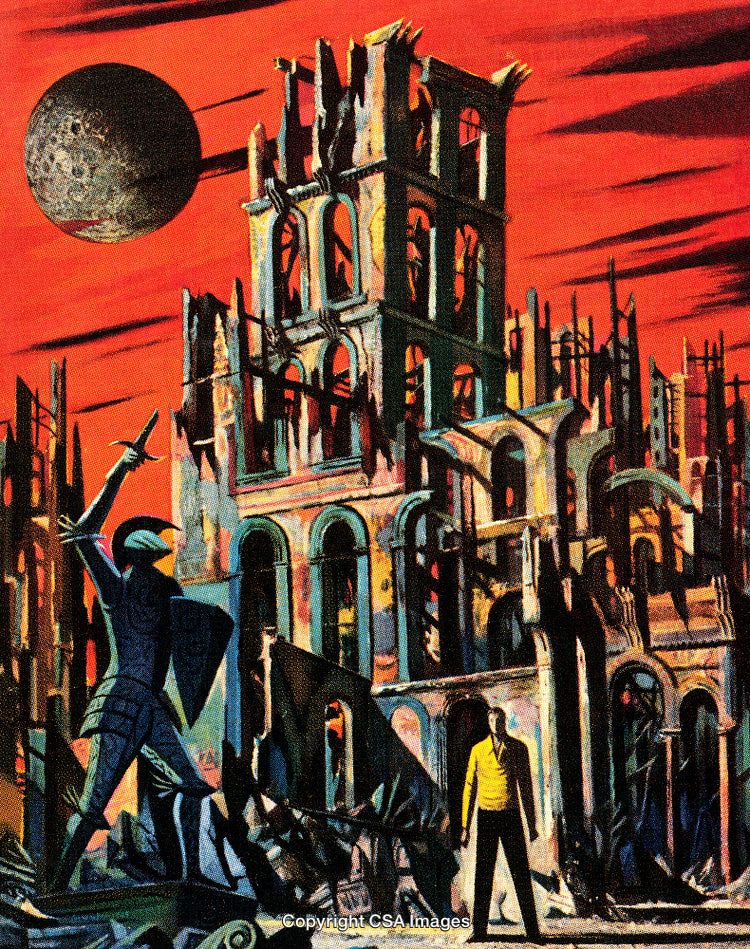 Abstract Post-Apocalyptic Landscape with Ruined Architecture Under a Red Sky