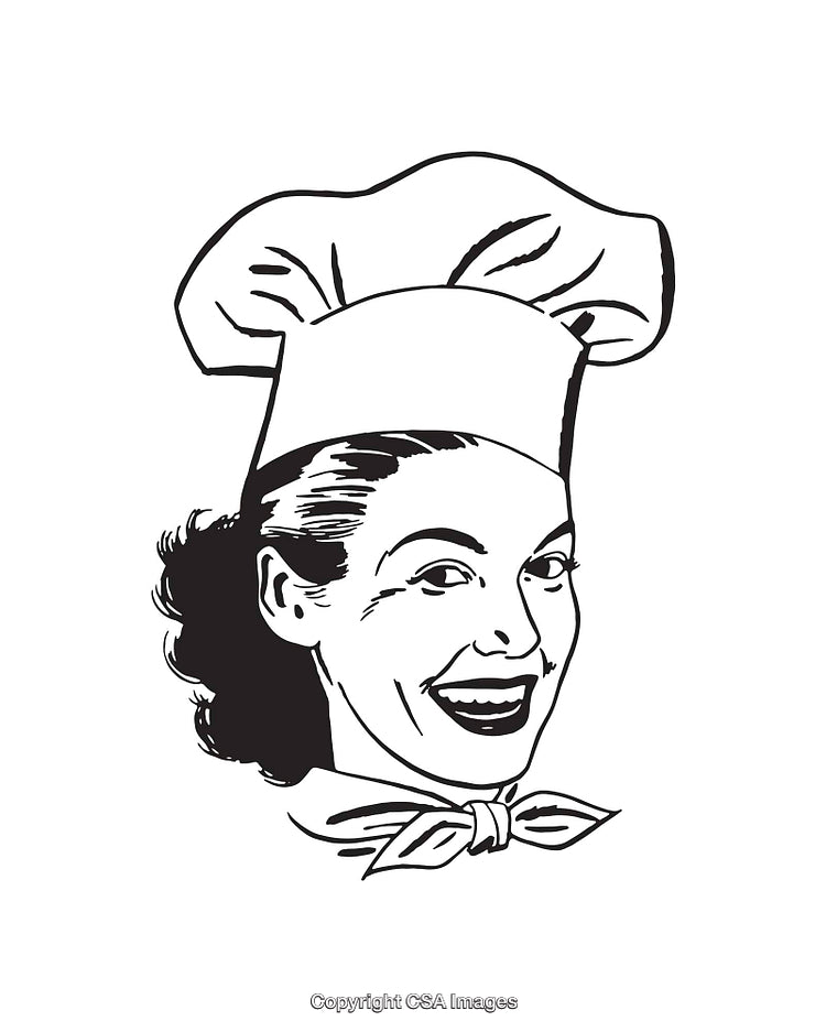 Retro Black and White Drawing of a Smiling Female Chef