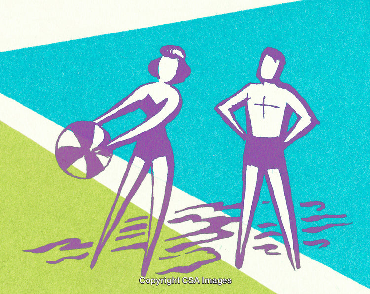 Retro Illustration of Two People at Beach with Ball and Swimwear