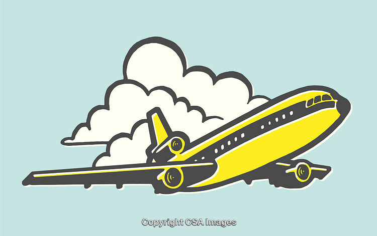 Retro Styled Plane Illustration With Clouds in Line Art Design