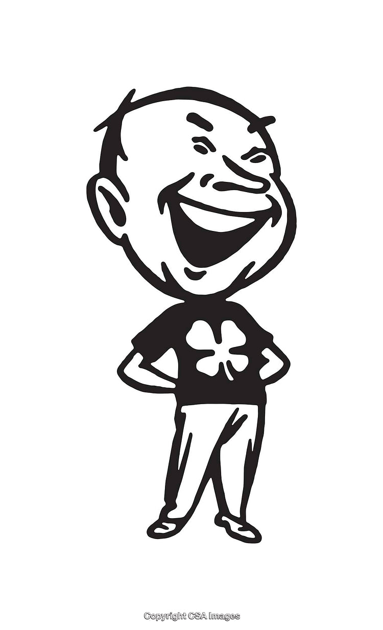 Playful Black and White Illustration of a Cheerful Person with a Shamrock Shirt