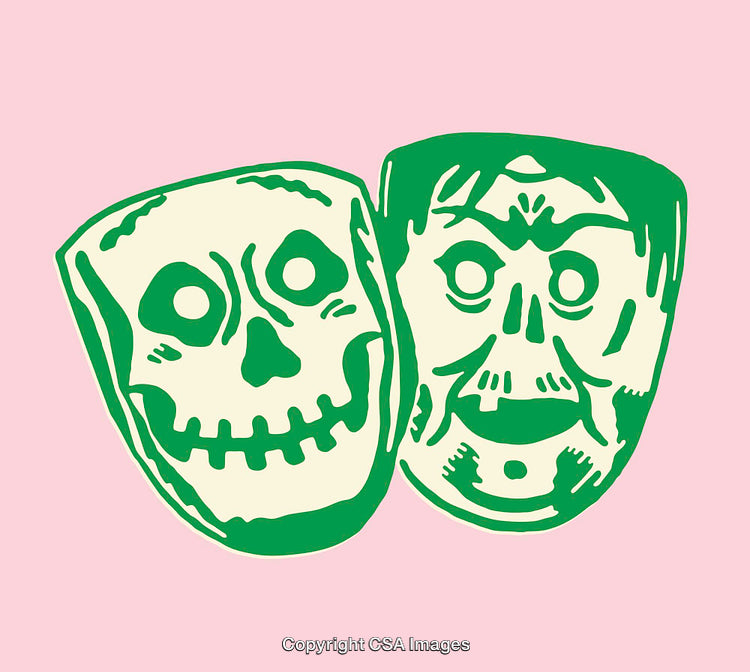 Green Theater Masks With Skeleton Faces on a Pink Background