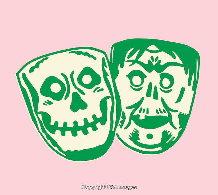 Green Theater Masks With Skeleton Faces on a Pink Background