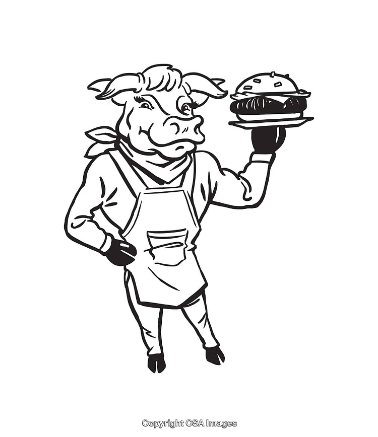 Black and White Illustration of Anthropomorphic Cow Holding a Hamburger