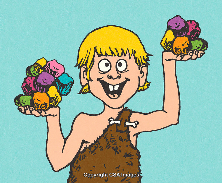 Smiling Character Holding Colorful Objects in Cartoon Illustration on Blue Background
