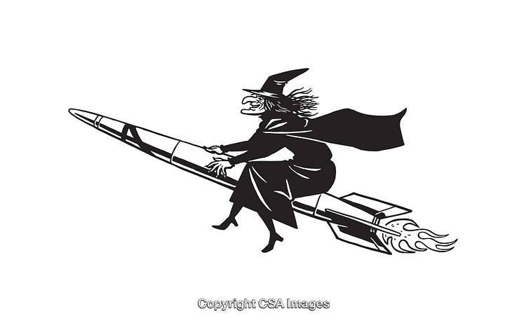 Black and White Illustration of a Witch Riding a Rocket with Flames