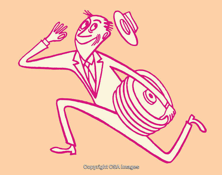 Humorous Line Art Illustration of a Man with a Hat and Object