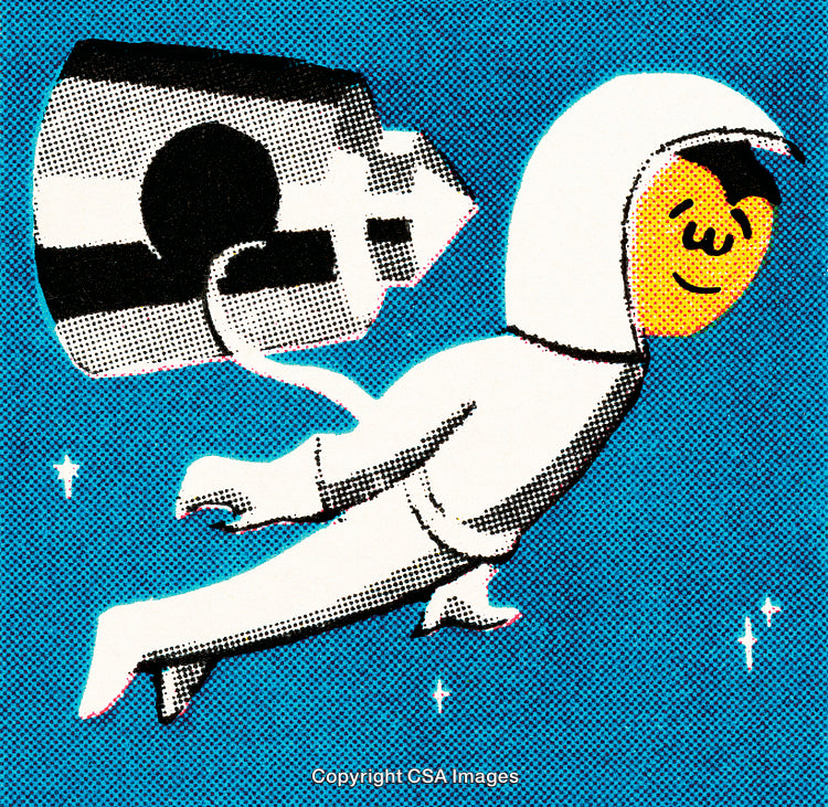 Playful Cartoon Astronaut with Rocket in Blue Pop Art Style