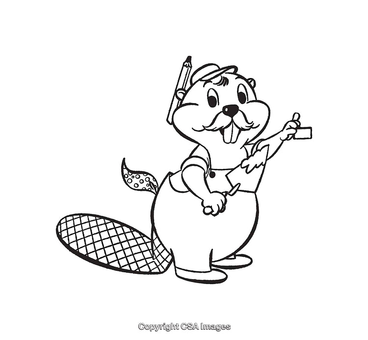 Charming Beaver Illustrator Holding Tools in Black and White Line Art