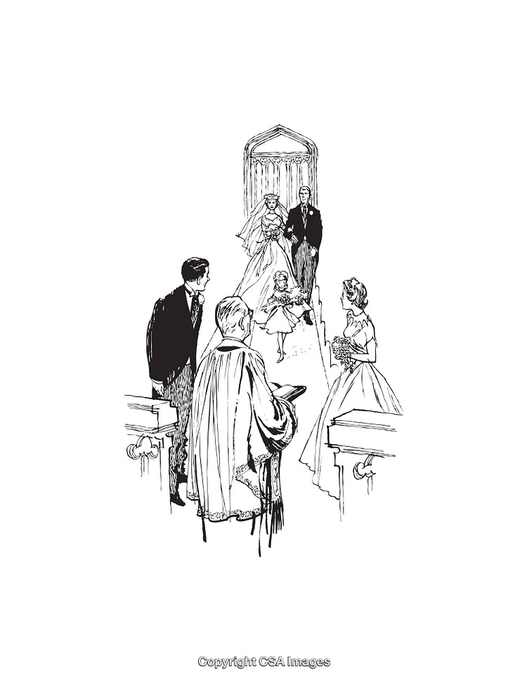 Classic Black and White Illustration of a Traditional Wedding Ceremony Scene