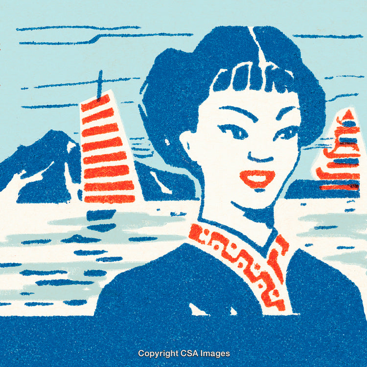 Retro Print of Woman with Sailboats in a Serene Seascape