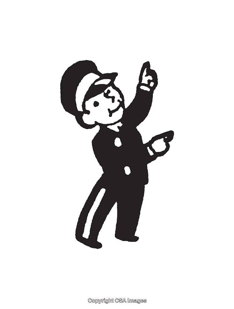 Vintage Black and White Illustrated Character Standing and Pointing Up