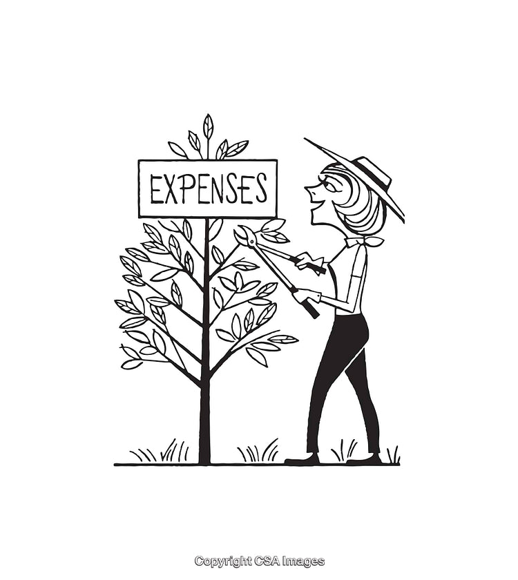 Person Pruning Expenses Tree in Black and White Line Art Illustration