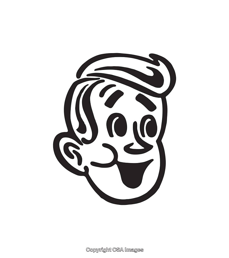 Playful Retro Line Art Illustration of a Smiling Boy Character Face