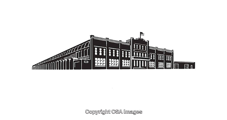 Black and White Line Art Illustration of a Large Brick Building