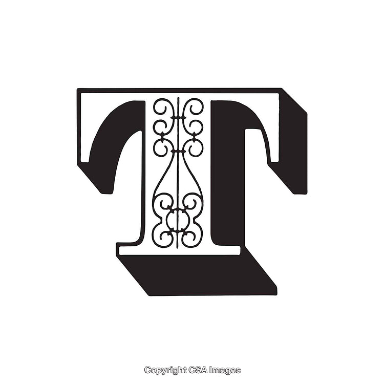 Ornate Black Letter T with Decorative Scrolled Design