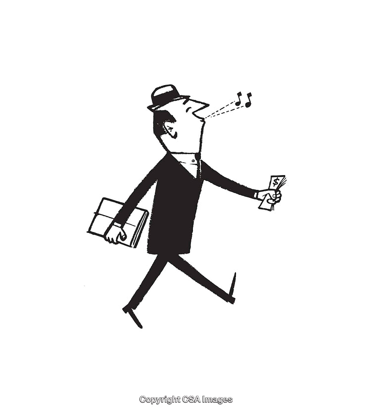 Vintage Line Art of Whistling Businessperson Holding Money and a Notebook