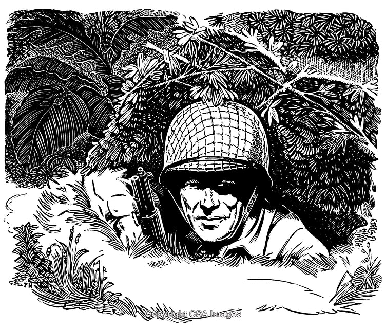 Black and White Engraving of Soldier in Jungle Camouflage