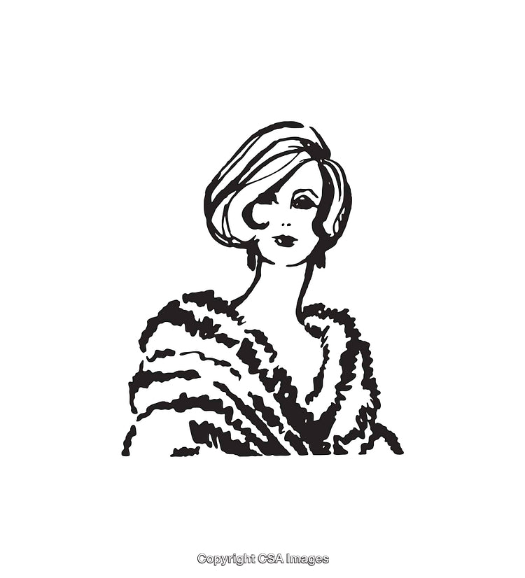 Elegant Black And White Portrait Illustration of Stylish Woman in Fur