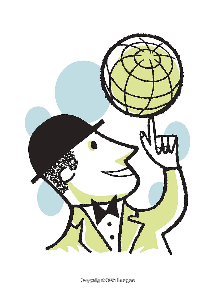 Illustration of a Man Balancing a Globe With His Finger in Retro Style