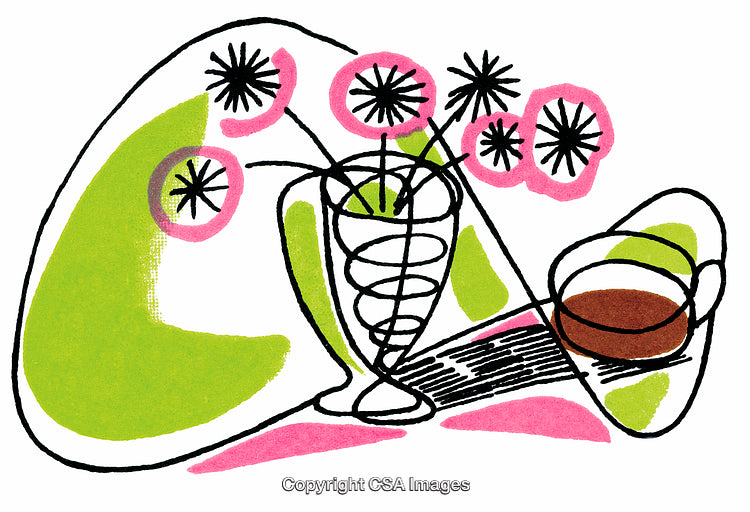Abstract Art Illustration with Vase, Flowers, and Decorative Accents in Bright Colors