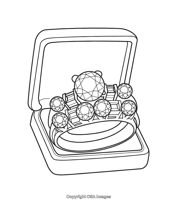 Black and White Line Art of Diamond Rings in a Jewelry Box