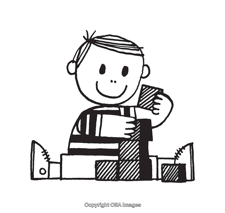Black and White Illustration of Smiling Child Playing With Blocks