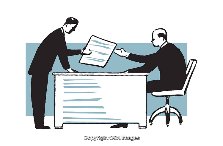 Illustration of a Business Meeting Showing Document Exchange Between Professionals