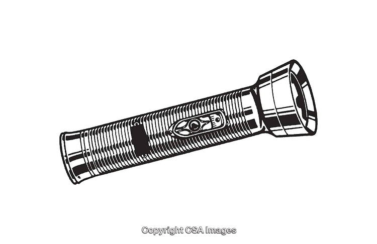 Vintage Black and White Line Art Illustration of a Flashlight
