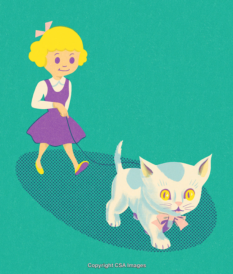 Illustration of a Smiling Girl Walking a White Cat on a Leash
