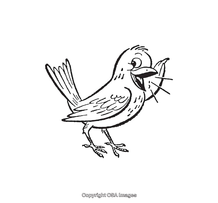 Cheerful Bird Singing in Black and White Line Art Illustration