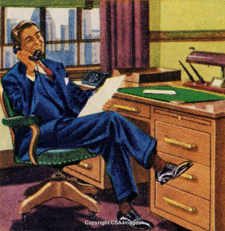 Vintage Illustration of a Businessman Talking on the Phone in an Office