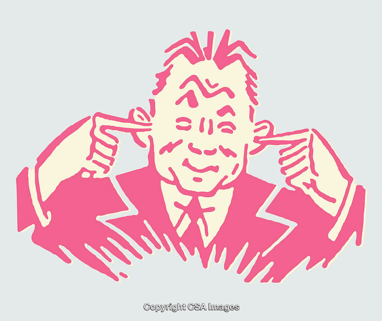 Colorful Illustration of a Smiling Man Covering His Ears in Lighthearted Pose