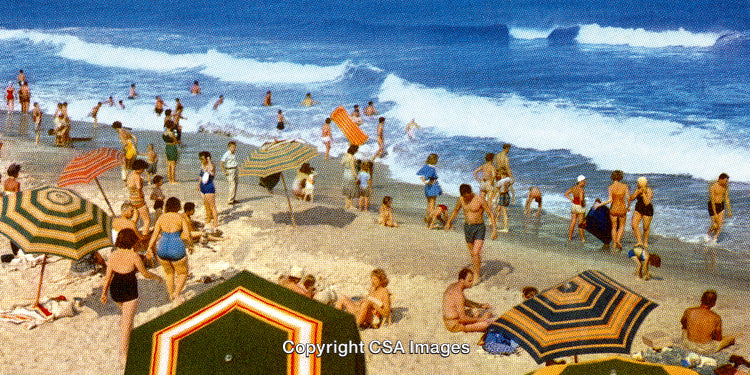 Sunny Beach Scene with People Enjoying Waves and Relaxing Under Umbrellas
