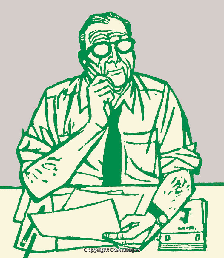 Illustration of Man in Thoughtful Pose at Desk with Documents