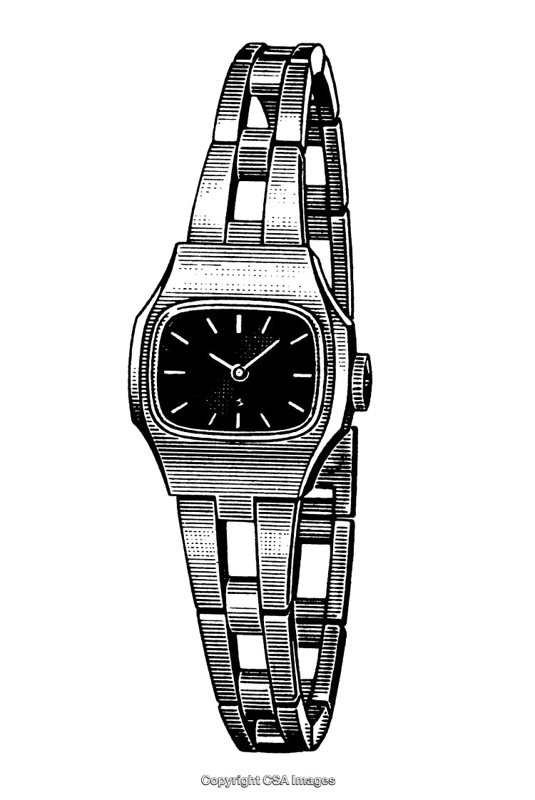 Intricate Black and White Engraving of a Stylish Wristwatch Design