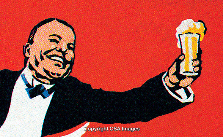 Vintage Illustration of a Man Toasting with a Beer Glass on Red Background