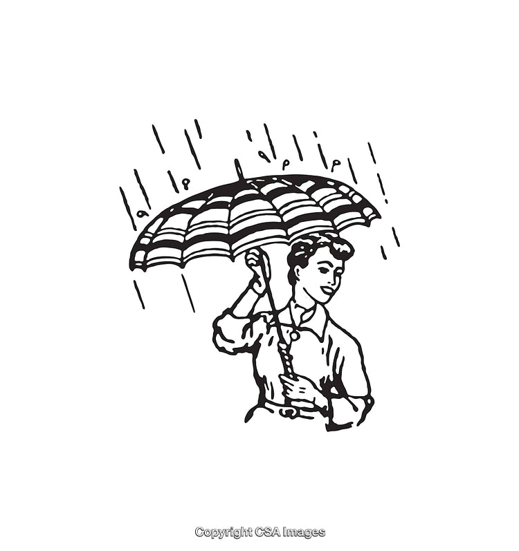 Black and White Illustration of a Person with an Umbrella in the Rain